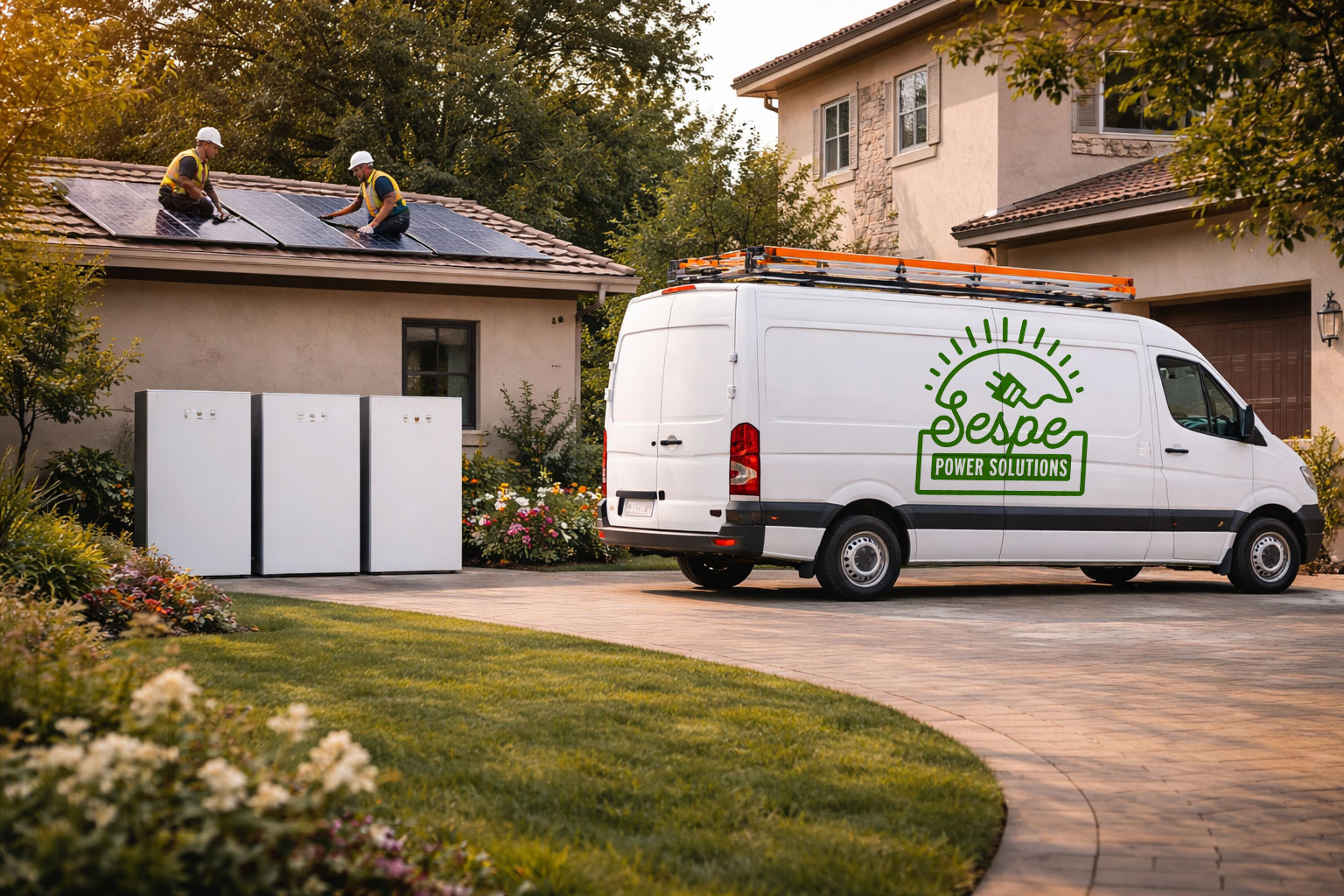 Sespe Power Solutions service van at a Ventura County home with rooftop solar and Tesla Powerwall
